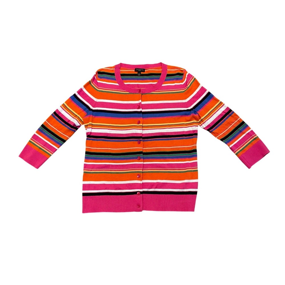 Cardigan Cotton Blend Multi Color Striped Pink Orange Talbots MP Lightweight